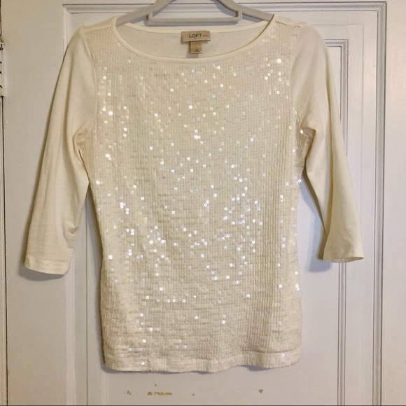 Ann Taylor LOFT Sequins Three Quarter Sleeve Top Petite - Picture 2 of 5
